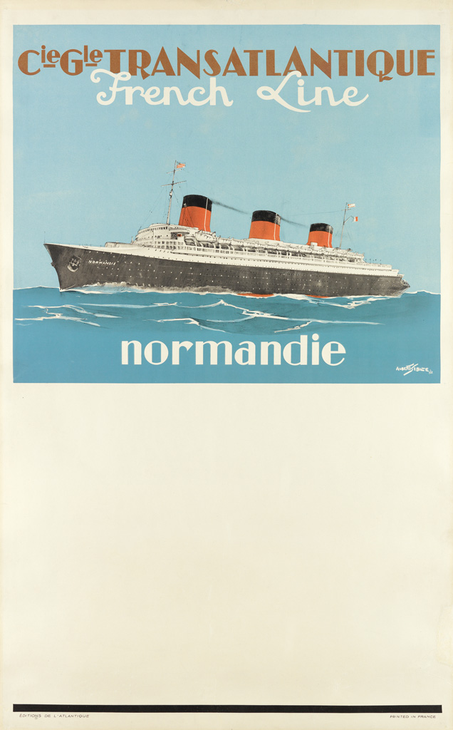 ALBERT SEBILLE (1874-1953). CIE GLE TRANSATLANTIQUE / FRENCH LINE / NORMANDIE. Circa 1939. 39x24 inches, 99x61 cm. Éditions de lAtlant